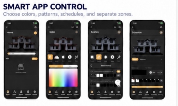 TruLights smart app screens for home, color, scenes, and schedules